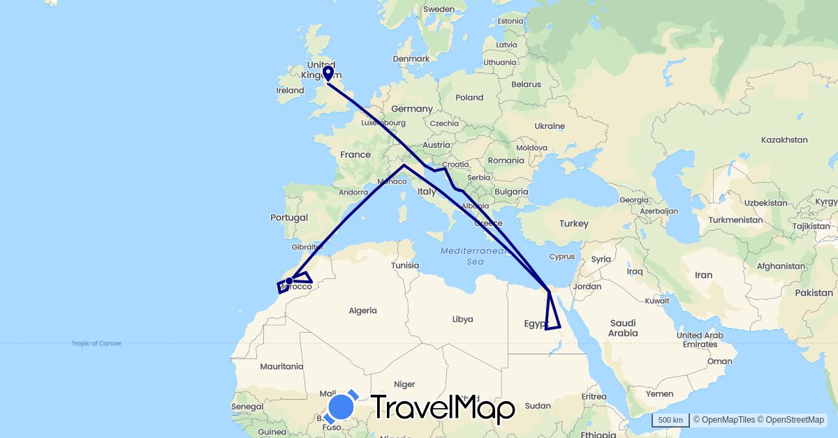 TravelMap itinerary: driving in Egypt, Morocco (Africa)